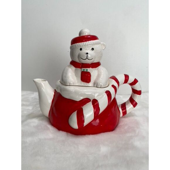 Vintage Christmas Around the World Ceramic Polar Bear with Candy Cane Tea Pot - Picture 1 of 2